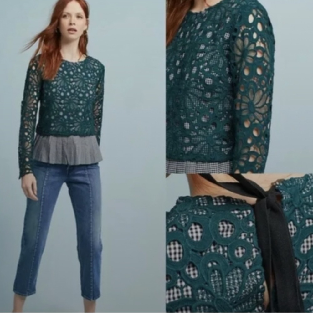 Anthropologie Maeve Green Pleated Lace Top Gabriella Gingham (size small) - Picture 6 of 10